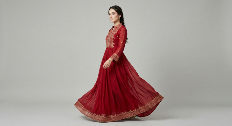Crimson Tiered Anarkali Gown