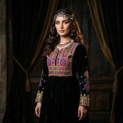 Onyx Velvet Embroidered Dress