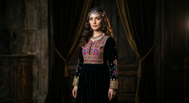 Onyx Velvet Embroidered Dress