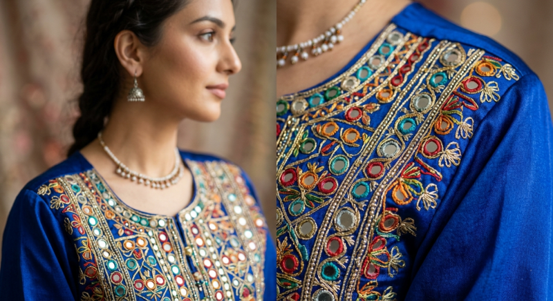 Royal Blue Mirror-Work Kurta